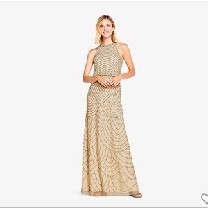 Adrianna Papell Art Deco Beaded Halter Dress in Nude